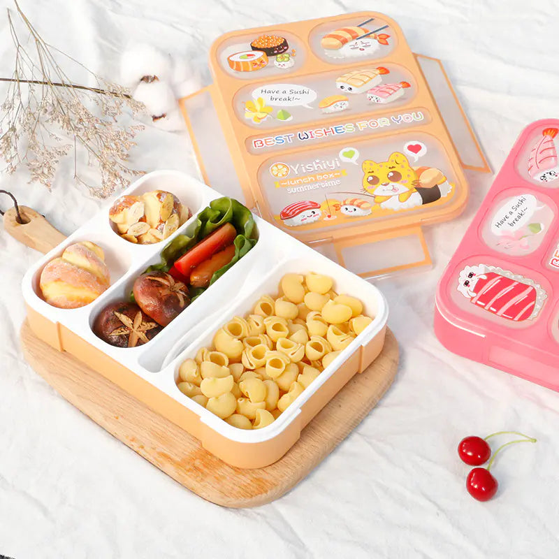 Cute Japanese Plastic Lunch Box with Utensils (Multi-Compartment)