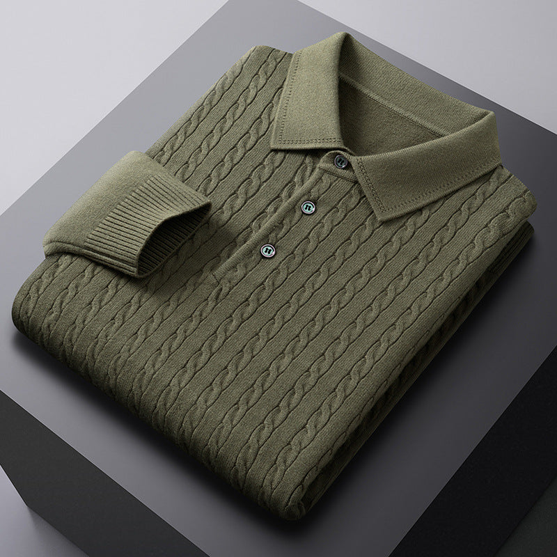 Autumn New Twisted Floral Polo Long Sleeve Loose Casual Bottoming Sweater For Men
