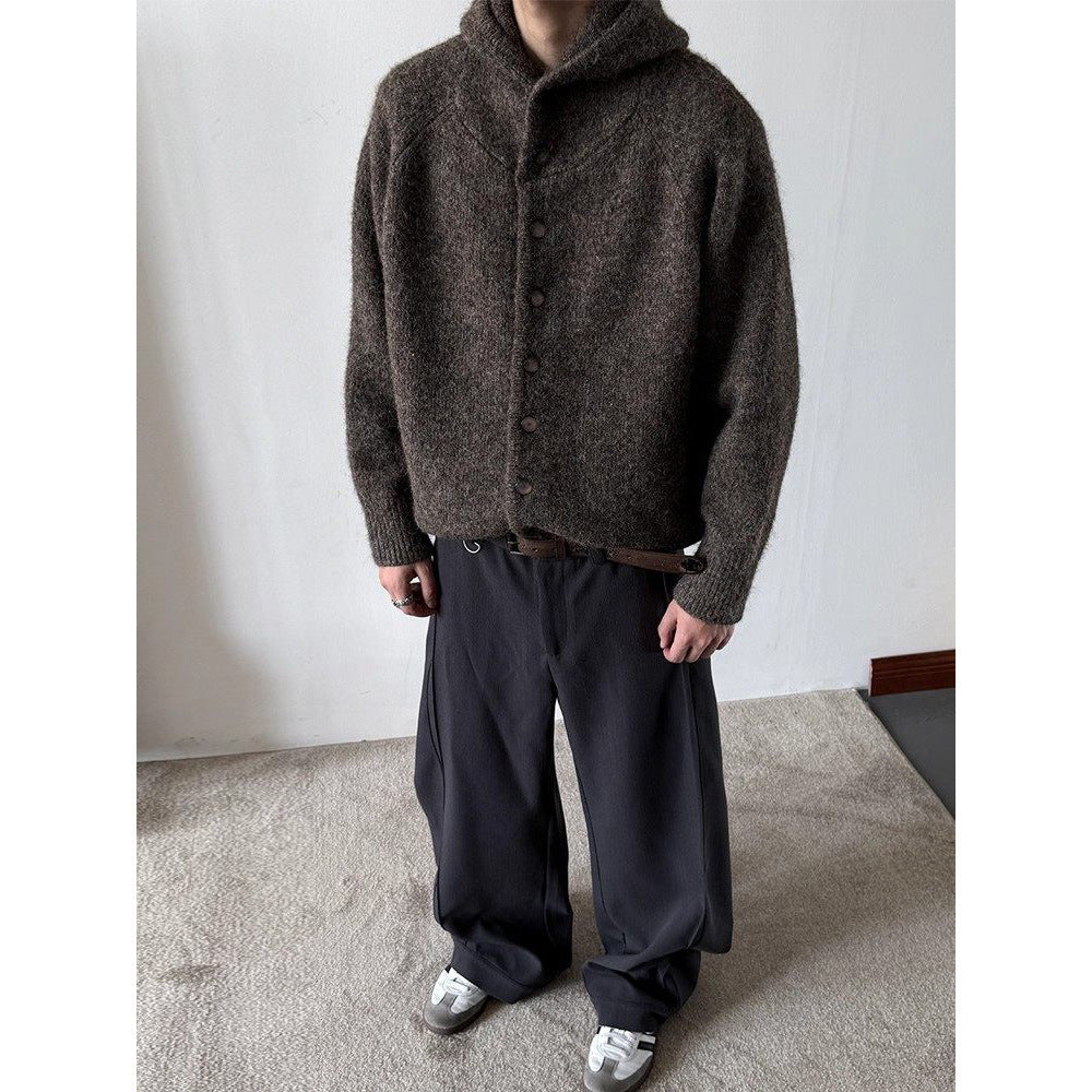 Autumn Winter Mens Japanese-Style Retro Hooded Button-Up Cardigan Sweater