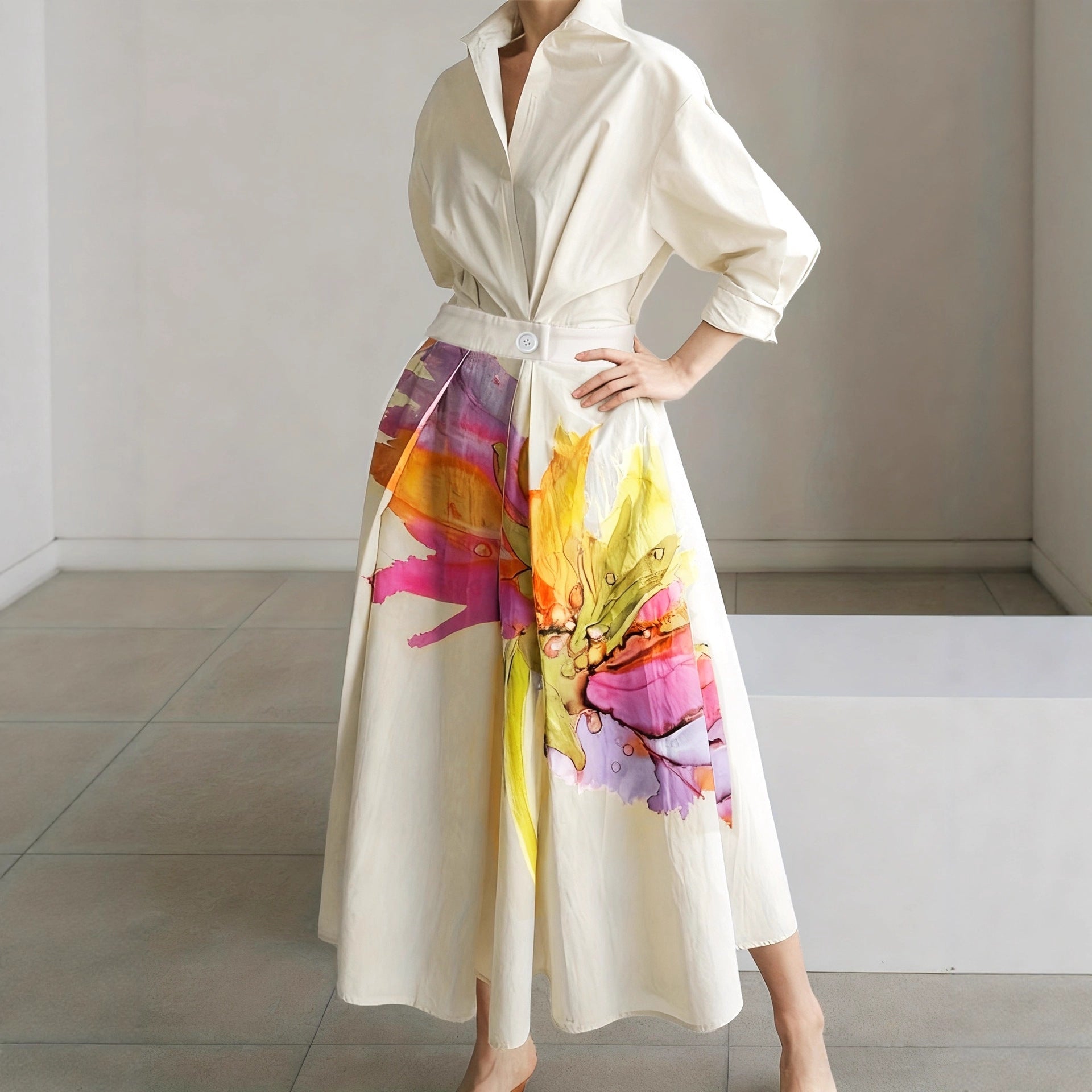 Bohemian-style Celebrity-inspired Printed Long-sleeve Dress For A Chic Getaway Look