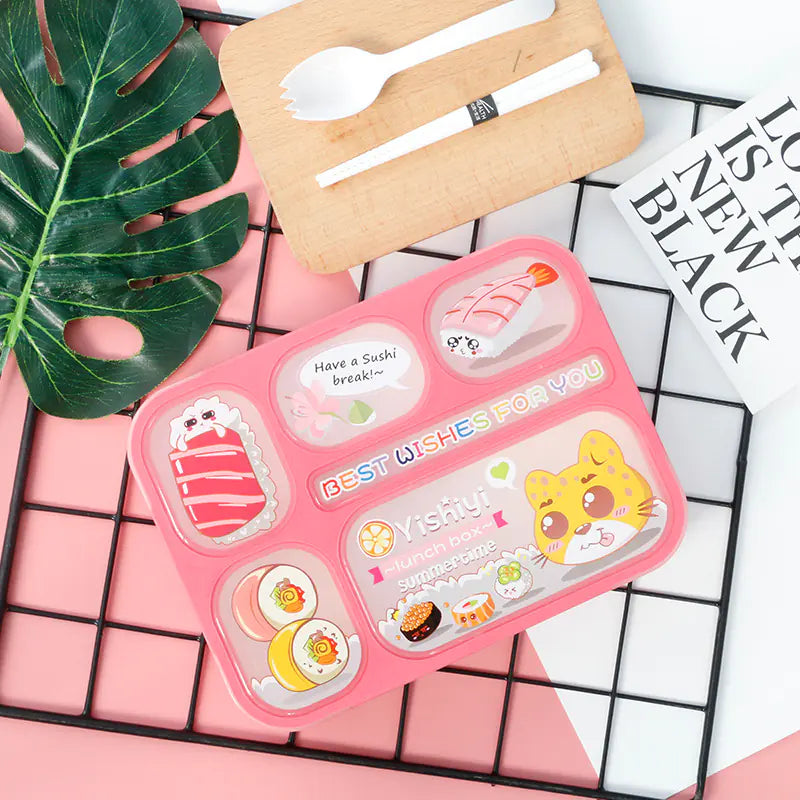Cute Japanese Plastic Lunch Box with Utensils (Multi-Compartment)